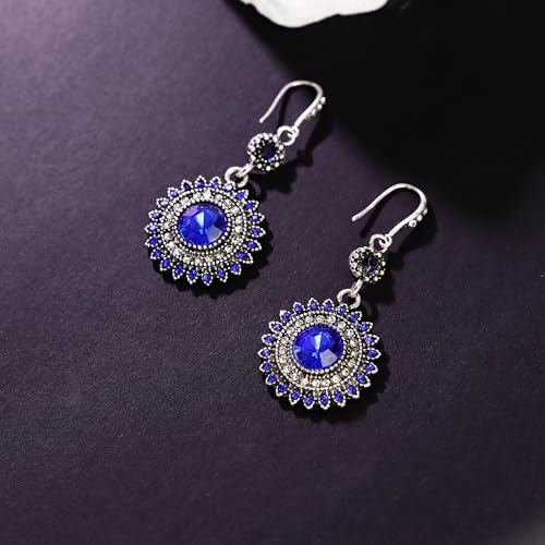 AILUOR Vintage Round Blue Sapphire Sunflowers Dangle Earrings, Women's Unique Retro Colorful Ethnic Bohemian Earrings Jewelry for Women2