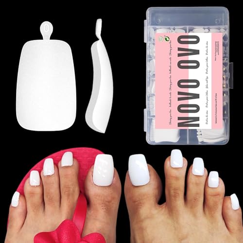 NOVO OVO Fake Toe Nail Tips Press on, Soft Gel Toenail Extension, PURE WHITE LONG Tapered Square Pre-applied Tip Primer &amp; Base Coat, Full Cover Pre-etched False Nails for DIY x 12 Sizes 240Pcs