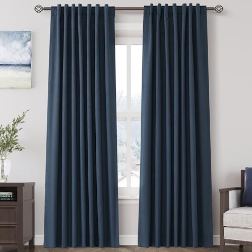 Image of Nanspring Vintage Blue 100% Blackout Linen Curtains 84 Inch Length 2 Panels Set for Bedroom Back Tab Vintage Farmhouse Decor Black Out Curtain for Living Room Office Thermal Insulated Drapes 52x84