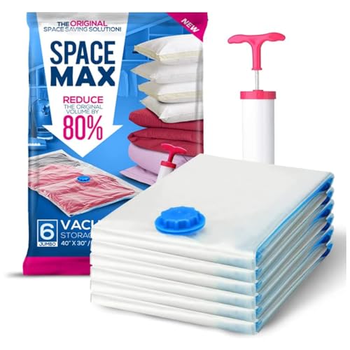 SPACE MAX Bolsas de Almacenamiento al Vacío Primera Calidad, 80% Más de Compresión que Otra Bolsas Para Guardar Ropa, Bomba de Mano Incluida - Extra Grandes 6 Piezas