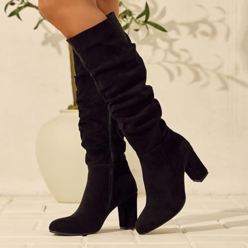 Womens Knee High Boots Chunky High Heel Round Toe Side Zipper Wide Calf Boot for Fall Winter Outfits4