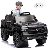 FXIONA 12V Kids Ride On Truck Car Electric Vehicle Battery Power 4 Wheels Car with Parent Remote Control Chevy Chevrolet Silverado Toddler Cars for Baby Drive Age 1-8 Year Girl Boy (Black)