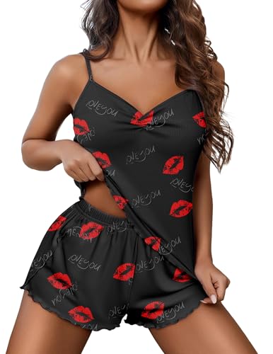 Image of Ekouaer Womens Cami Pajama Sets 2 Piece Ribbed Knit Lingerie Sleeveless Tank Top and Shorts Camisole Pjs Sleepwear