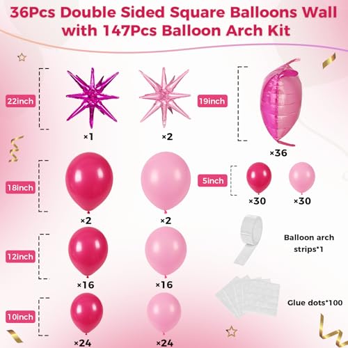 Image of 36pcs Hot Pink and Pink Square Foil Balloons Wall Backdrop with 147pcs Balloon Garland Arch Kit, Double Sided Balloon Tunnel for Anniversary Bachelorette Birthday Valentines Party Decorations