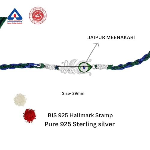 Image of ROOVI Pure 925 Sterling Silver Rakhi for Bhai with Roli Chawal | Chandi Ki Rakhi Original | Krishna Morpankh, Trishul, Ganesh, Ram, Om, Evil Eye, Infinity Rakhi for Brother With Certificate