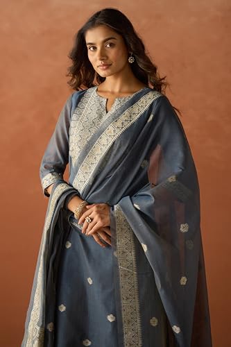 Image of FIORRA Women Cotton Jacquard Woven Kurta Set with Dupatta