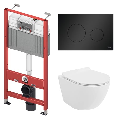 BADLAND WC-Vorwandelement Set TECEbase mit Wand-WC Rolo Weiß, Schallschutzmatte & Betätigungsplatte Schwarz – Komplettset für Trockenbau & Vorwandinstallation