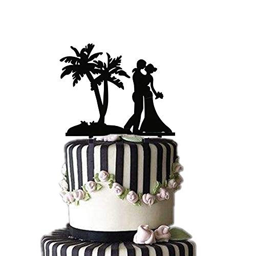 Wedding Cake Topper, Palm Tree with Bride and Groom Couple, Elegent Wedding Cake topper, Black Acrylic Food safe Wedding Engagement Anniversary Party Cake Topper Cake Decoration (Black,Width 5.9 inch)