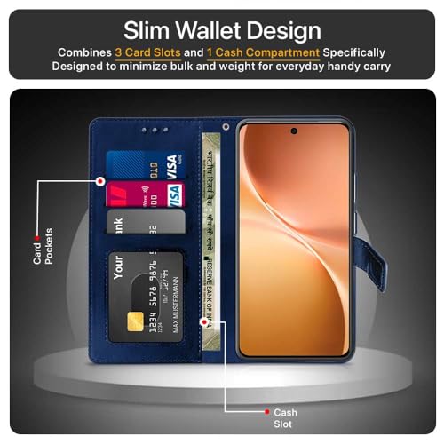 Image of WOW IMAGINE Shock Proof Flip Cover Back Case Cover for Vivo V60 5G | V60e 5G | Vivo T4 Pro 5G (Flexible | Leather Finish | Card Pockets Wallet & Stand | Blue)