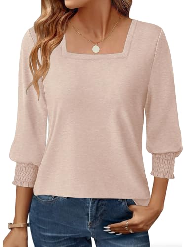 GKBK Womens 3/4 Sleeve Shirts Square Neck Dressy Casual Blouses Spring Summer Smocked Cuffs Tops A- Apricot
