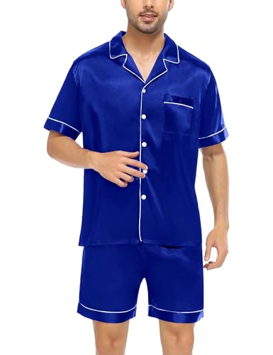 Image of SWOMOG Men Satin Silk Pajamas Sets Short Sleeve Sleepwear Button-Down PJs Sets Two-Pieces Loungewear with Pockets