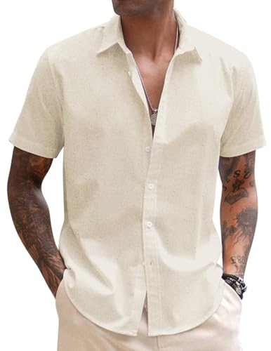COOFANDY Men's Linen Cotton Casual Button up Shirts Slim Fit Summer Beach Shirts Khaki