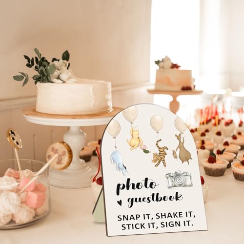 Winnie Wedding Photo Guestbook Sign with Stand, the Pooh Decor Wedding Welcome Sign, Bridal Shower Sign, Baby Shower Party Supplies, Wedding Shower Supplies, Photo Guestbook Wooden Plaque 8 * 10In