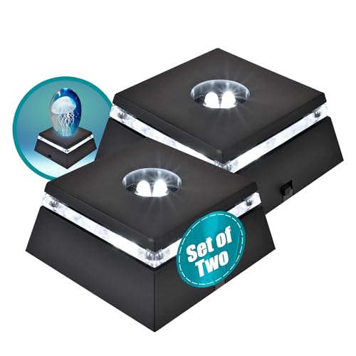 ASENTE LED Lighted Display Base - Illuminate and Showcase Your Crystal Art, Sculptures, and More! Perfect for Glass, Trophies, and Paperweights - 4 LED Square White Light - 2.5 Inch - 2 Pack