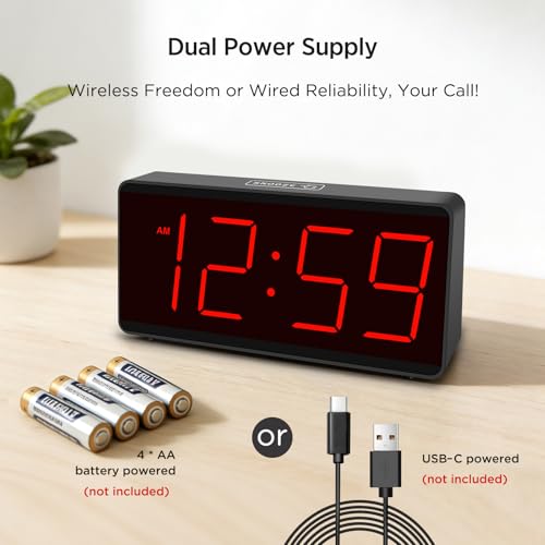 Image of Peakeep Battery Operated Digital Clock, Alarm Clock for Bedrooms - Cordless Large Big Numbers 4 Dimmers for Seniors, Adjustable Volume Loud Alarm Clock for Heavy Sleepers Adults (Red Digits)