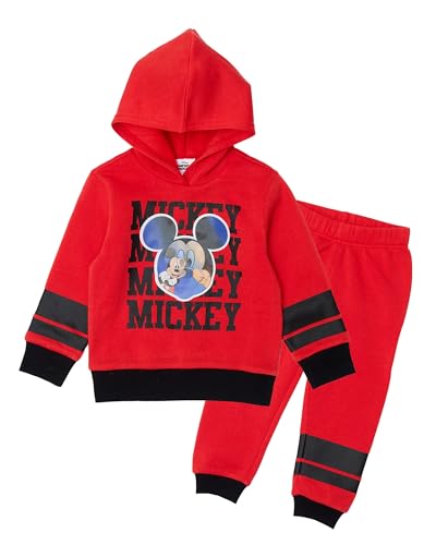 Disney Mickey Mouse Toddler Boys Outfit Set - Two Piece Red Hoodie Sweatshirt with Holographic Patch & Stripe Jogger Pants (Red 4T)