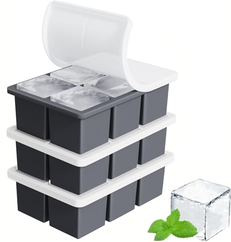Theuwnee® Bandeja de Hielo de Silicona 3Pack, Molde de Hielo Grande para Cóctel de Whisky Sawnzc, Bandeja de Hielo Cuadrado Grande con Tapa para Refrigerador (Negro)
