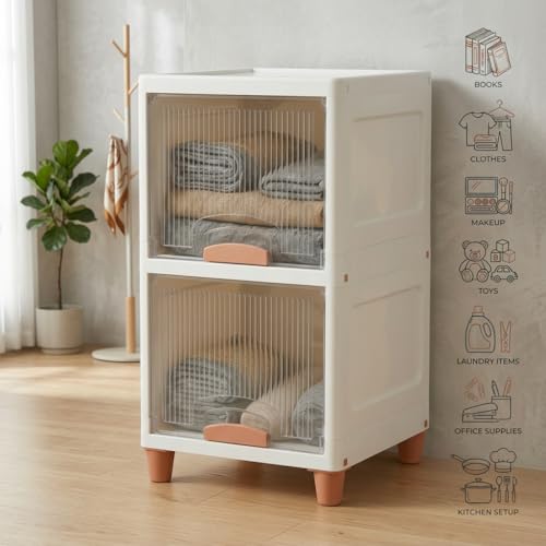 Image of Ash & Roh 2-Tier White Multi-Layer Plastic Storage Cabinet with Transparent Flip Door | Space Saving Organizer for Kitchen, Bedroom, Office | Foldable Stackable Storage Unit with Legs