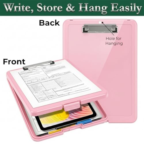 Image of Yajnas A4 Size Clipboard with Storage Box | 180 Foldable Exam Pad & Writing Board | Heavy Duty Plastic File Folder with Pen Holder & Paper Storage for Students, Office & Field Use (Baby Pink)