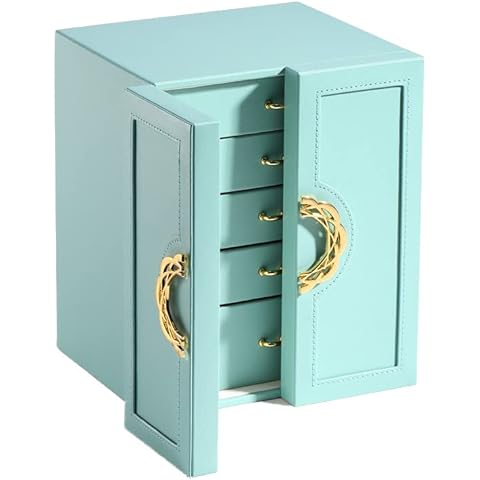 YIHAO Jewelry Box for Women, Double door 5 Tier Leather Jewelry Organizer Storage Case with Drawers, Removable Tray for Necklace Earrings Rings Bracelets, Vintage Gift,Blue Cover