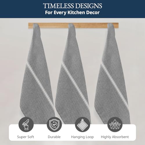 LANE LINEN Kitchen Towel Set - 100% Cotton, Absorbent, Grey Chambray Striped Dish Towels, 14” x 25”, 6-Pack