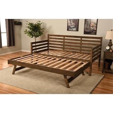 Kodiak Furniture Twin to King Size Daybed with Pop Up Trundle in Wood in Rustic Walnut, No Box Spring Needed, Easy Assembly, Up to 500 lbs Weight Capacity Cover