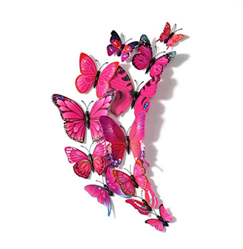 Lot de 12 autocollants muraux 3D amovibles en forme de papillon fluorescents pour décoration de maison et de chambre (rouge prune)