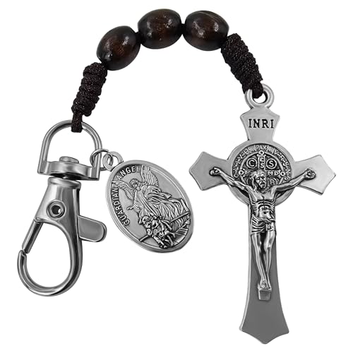 Image of TALISMAN4U Catholic Rosary Keychain for Car St Benedict Cross Saint Michael Guardian Angel Medal Pocket Rosary Key Chain Religious Accessory Wood Beads