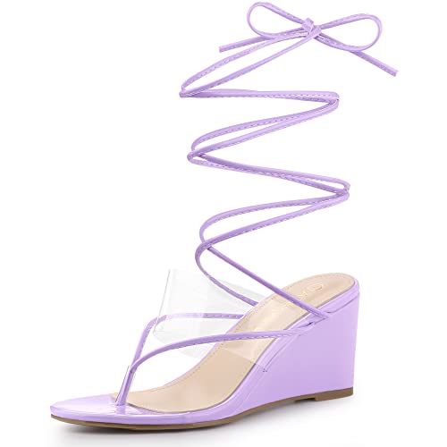 Allegra K Allegra K Women's Lace Up Clear Strap Flip Flops Purple Wedge Sandals 8 M US