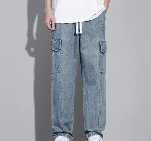 Men's Loose Pocket Straight-Leg Work Jeans, Elastic Waist Drawstring Casual Pants2