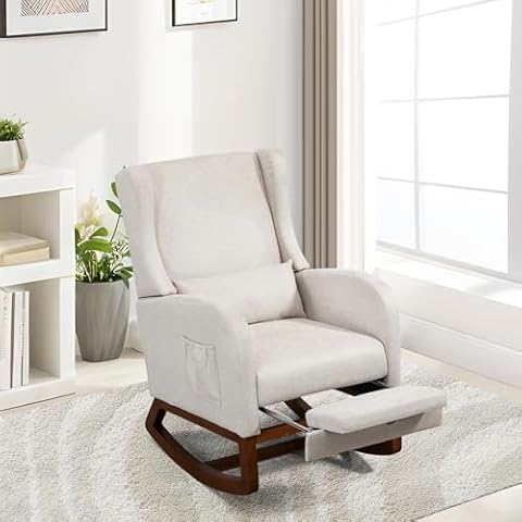SmartDer Rocking Chair Nursery with Foot Rest, Comfy Nursery Chair Glider Rocker with Pillow and Pocket, Modern Wingback Accent Armchair with for Living Room, Bedroom, Lounge, Home Office, Beige Cover