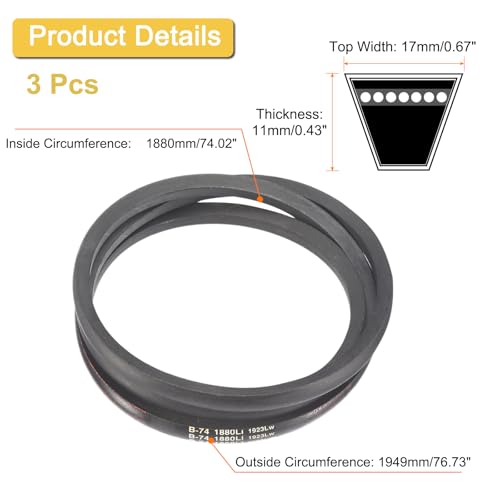 Image of uxcell 3 Pack B74 Classic Wrapped V-Belt, 77 inch Outside Circumference, Black Industrial Rubber V-Belt