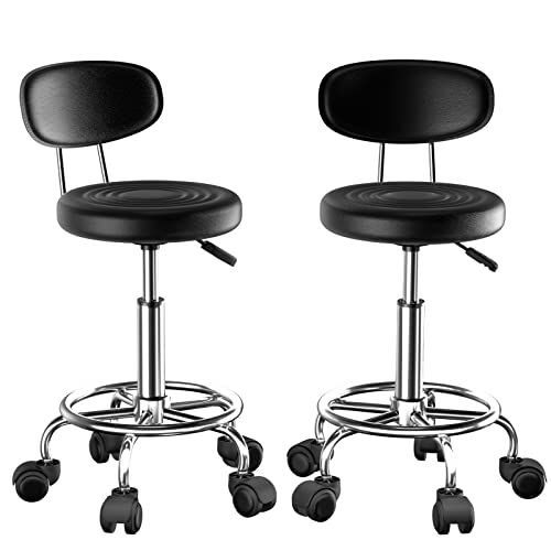 2X Taburete Giratorio con Ruedas, Silla Escritorio Altura Ajustable, Taburetes Altos de Cocina con Respaldo y Reposapiés, Acero Cromado, Sillas Bar, Silla Tocador Maquillaje, Silla Alta Negro