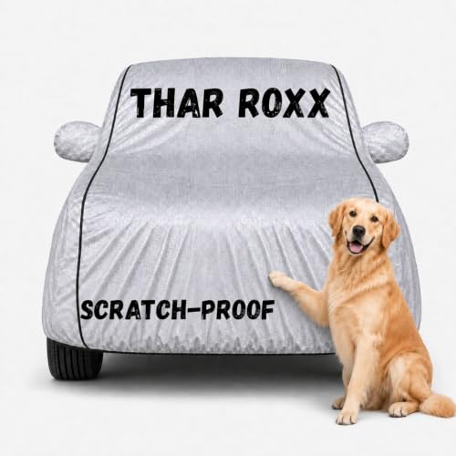 Image of Waterproof Car Cover for Thar Roxx | Soft Cotton Lining Heavy Duty Triple Stitched Heat Resistant Outdoor Cover Comes with Mirror and Antenna Pocket Full Bottom Elastic (Zig Zag Silver)