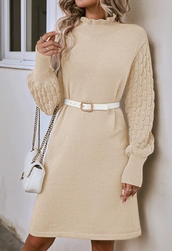 Sovoyontee Women's 2025 Fall Long Sleeve Mock Neck Sweater Dress Casual Loose Ribbed Knit Mini Short Pullover Dresses4