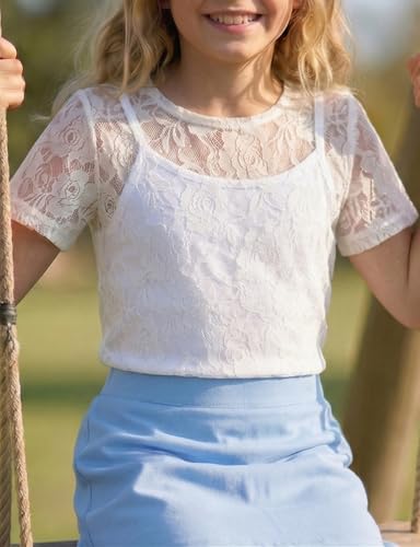 Image of Noomelfish Girls Lace Short Sleeve Layering Tops Sheer Mesh Tee Shirts Blouse (5-12 Years)