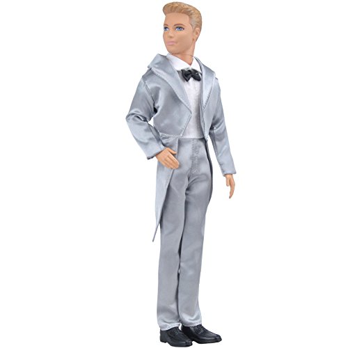 E-TING Handmade Clothes 1 Set Groom Wedding Formal Tuxedos Business Suits Jacket Ties Shoes for Boy Dolls (Silver Tuxedos)