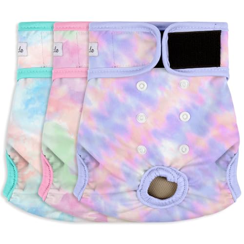 Image of 3 Pack Female Dog Diapers - Reusable Diapers for Doggie in Heat - Highly Absorbent Dog Diapers Female for Pet Incontinence with Adjustable Snaps (Tie Dye, S)