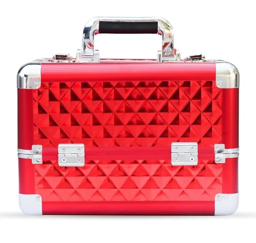 Image of Adson Professional Makeup Box Cosmetics Case Jewelry Organiser Vanity Make Up Storage Box Beauty Train Case Lockable with Keys (Candy Red)