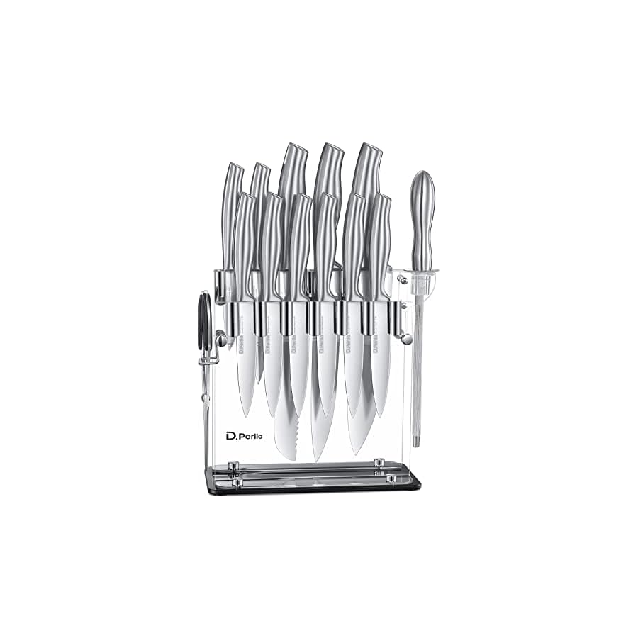 D.Perlla Knife Set, 14 Pieces Kitchen Knife Set with Clear Acrylic Knife Holder, Stainless Steel Super Sharp Chef Knife with Hollow Handle in One Piece Design