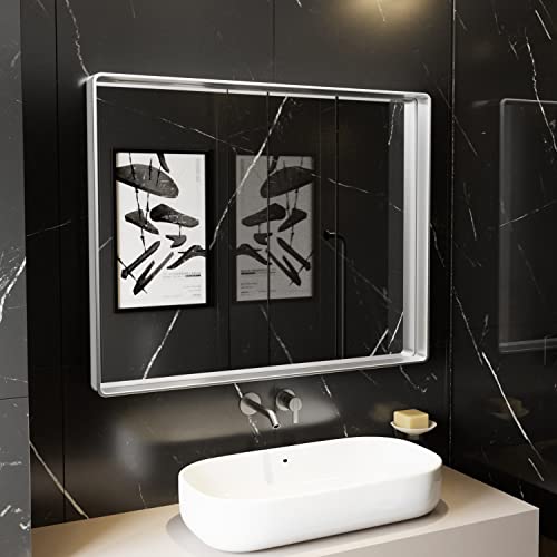 Iskm Silver Metal Framed Bathroom Mirror, 40 X 32 Inch Vanity Mirror For Wall Round Corner Rectangle Modern Mirror Wall Mounted Hangs Horizontal Or Vertical #TOP10