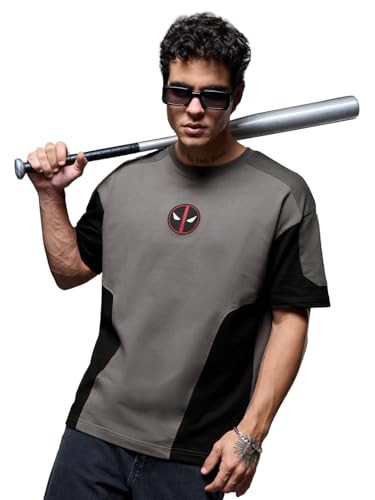 Image of The Souled Store Deadpool: Logo Men and Boys Short Sleeves Round Neck Grey Embroidered Casual Streetwear Lightweight Cotton Oversized T-Shirt