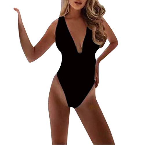 Banadores Mujer Reductores,KanLin1986 Bikini Mujer Monokini Push-Up Acolchado Bra Trajes de Baño Una Pieza V-Cuello Vendaje Color Solido (XL, BK)