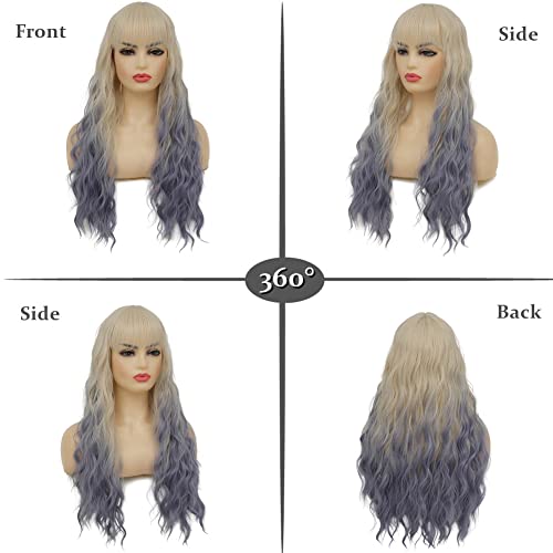 Image of Swiking Blonde Ombre Blue Curly Women Wigs with Bangs Wave Long Blonde Synthetic Hair Halloween Cosplay Daily Natural Full Wig