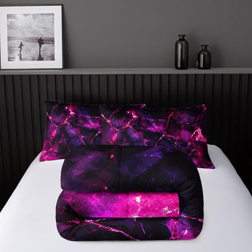 Image of Nttopship Pink Comforter Set Twin Size,Pink Marble Bedding Set 3 Pcs Bedding for Adults, Marble Room Decor with Comforter and 2 Pillowcases Soft and Lightweight B-Side Black