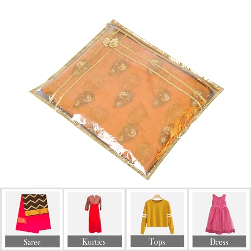 Image of Kuber Industries Polyvinyl Chloride Saree Cover | Clothes Storage Bag | Single Packing Saree With Zip Closure | Bow Design With Golden | Pack Of 6 | Transparent, 36 Cm, 1 Cm