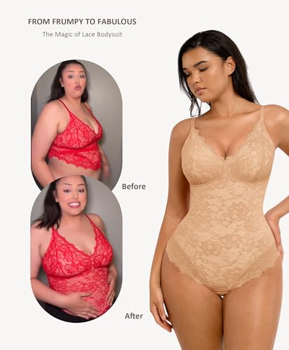 Image of FeelinGirl Shapewear Bodysuits for Women Lace Shapewear Tummy Control V-Neck Sleeveless Bodysuit Tops Jumpsuit
