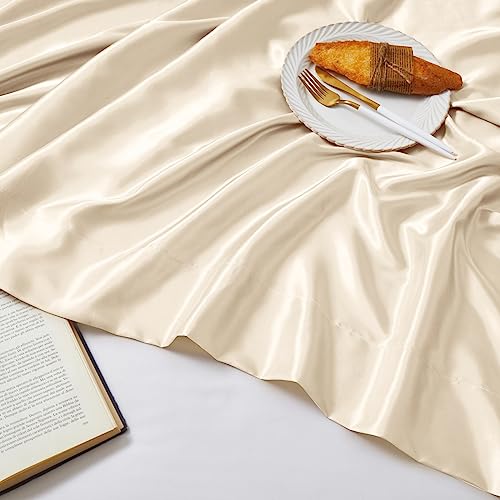Image of Ersmak Satin Flat Sheet Only, Single Flat Sheet Full, Luxury & Ultra Soft Silky Bedding Top Sheet for Full Mattress - Beige