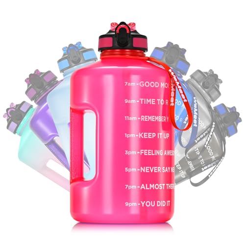 WEMEET Motivational Gallon Water Bottle, BPA Free, Large Sport Water Jug with Handle & Straw, for Fitness, Outdoor, Gym, Travel, Camping, Office (Pink)