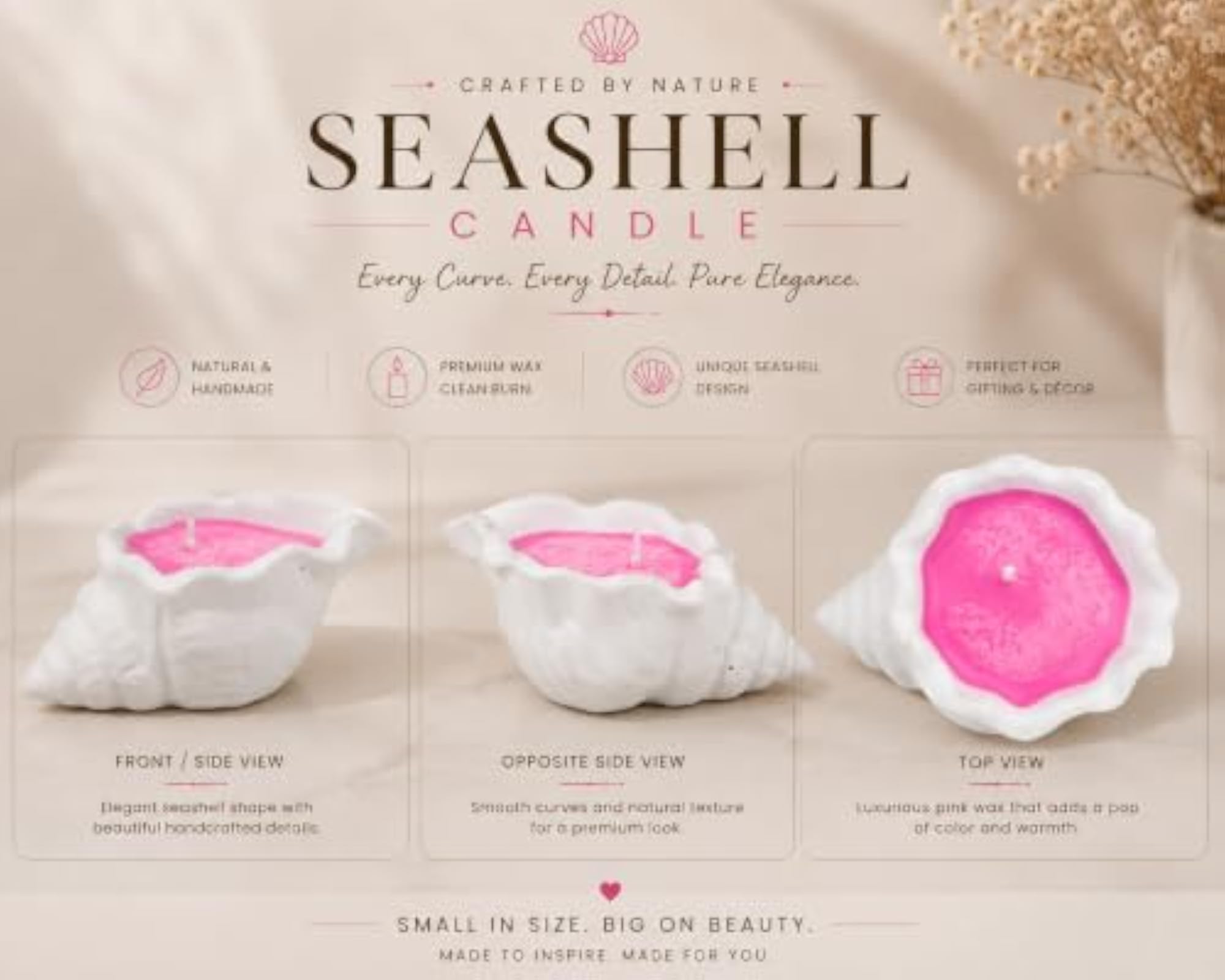 Conch Shell Decorative Candle with Pink Wax, Sculptural Seashell Design